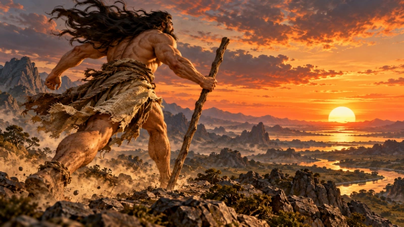 Kuafu pursuing the sun across a vast landscape