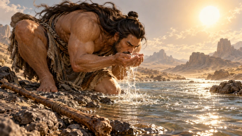 Kuafu seeking water at the river in the pursuit episode