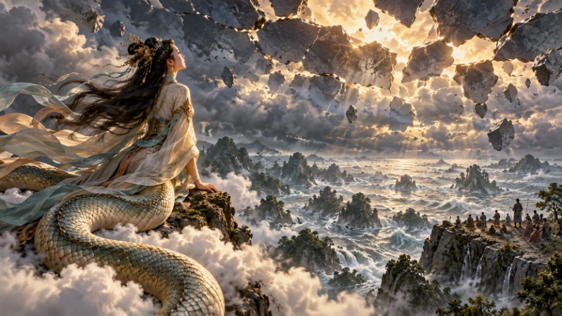 Nuwa examining a fractured sky above a flooded valley