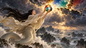 Nuwa raising a glowing five-colored repair stone toward a sky breach