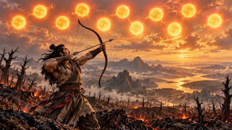 Yi drawing his bow toward a ten-sun sky