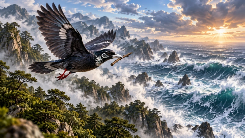 Jingwei carrying a twig from mountain toward sea