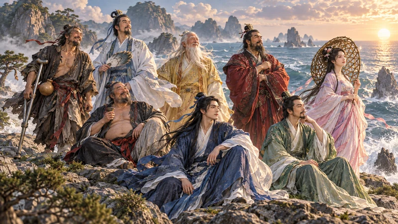 Imagined group of eight immortals on the Eastern Sea shore
