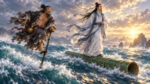Imagined Li Tieguai and Lu Dongbin crossing waves on crutch and bamboo pipe