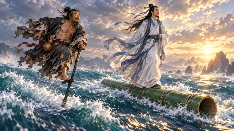 Imagined Li Tieguai and Lu Dongbin crossing waves on crutch and bamboo pipe