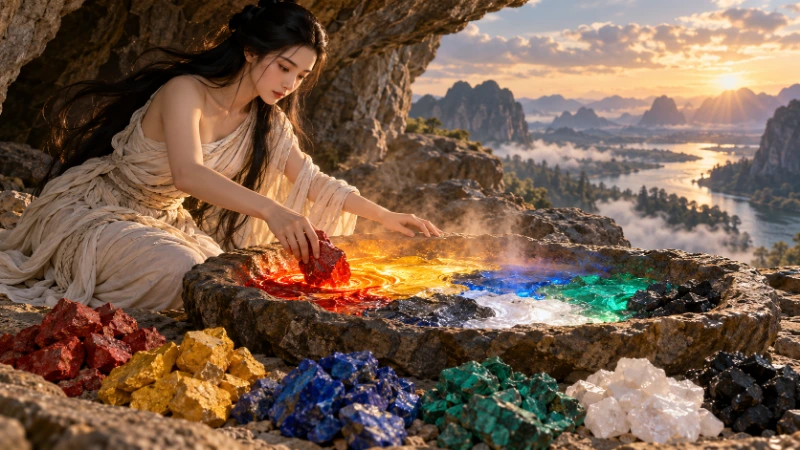 Nuwa smelting five-colored stones for sky repair