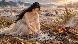 Nuwa gathering reed ashes beside floodwater