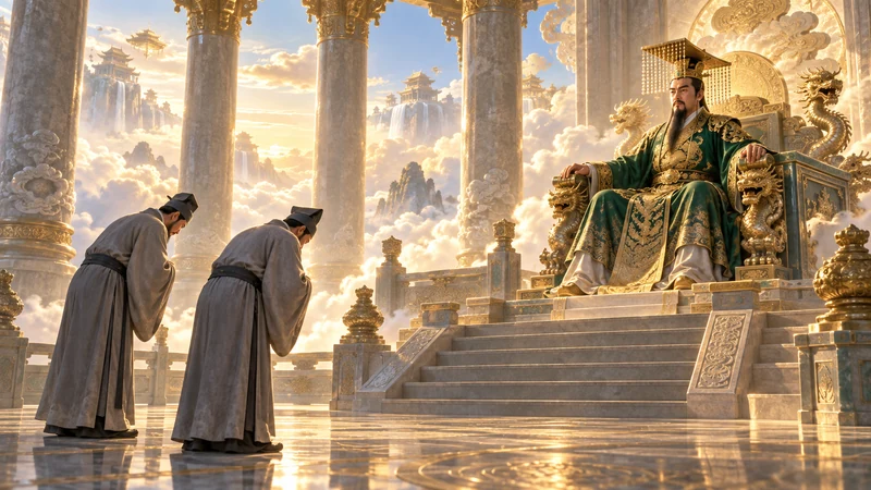 Imagined Jade Emperor seated in Heaven as two envoys bow