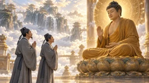 Imagined heavenly envoys requesting help from Buddha