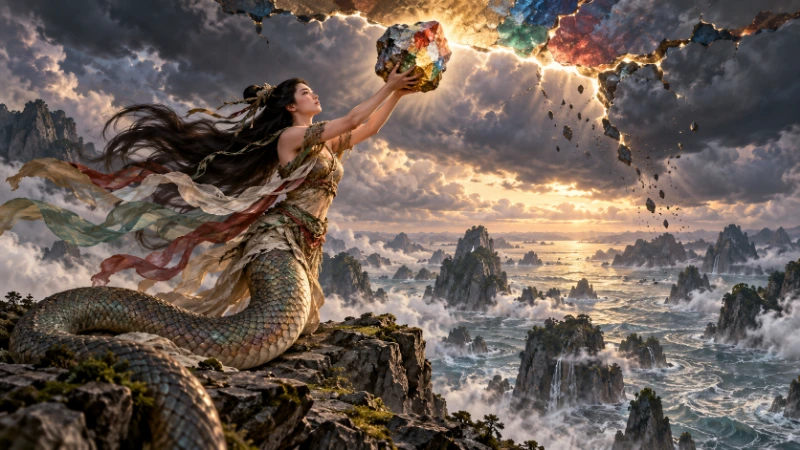 Nuwa lifting a fused stone to a visible sky crack