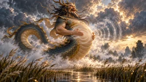 Thunder deity striking its own rounded belly