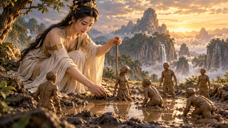 Nuwa holding a cord partly immersed in mud