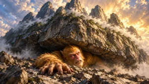 Sun Wukong confined beneath Five Elements Mountain