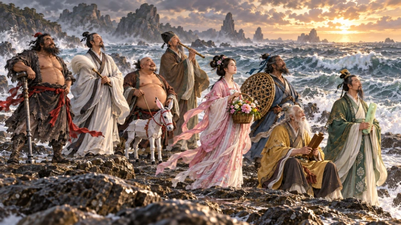 Imagined group of eight immortals on a shore before crossing the sea