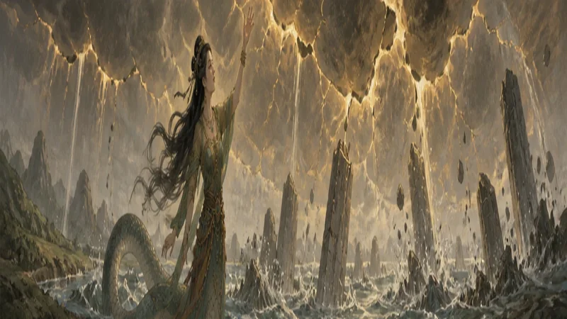 Imagined Nuwa beneath a fractured sky above a flooded mountain valley