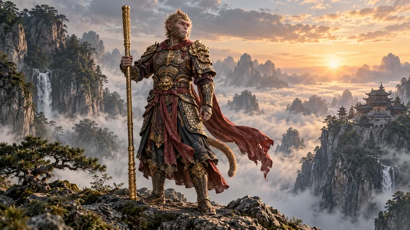 Artistic depiction of Sun Wukong holding a golden staff on a misty mountain ledge