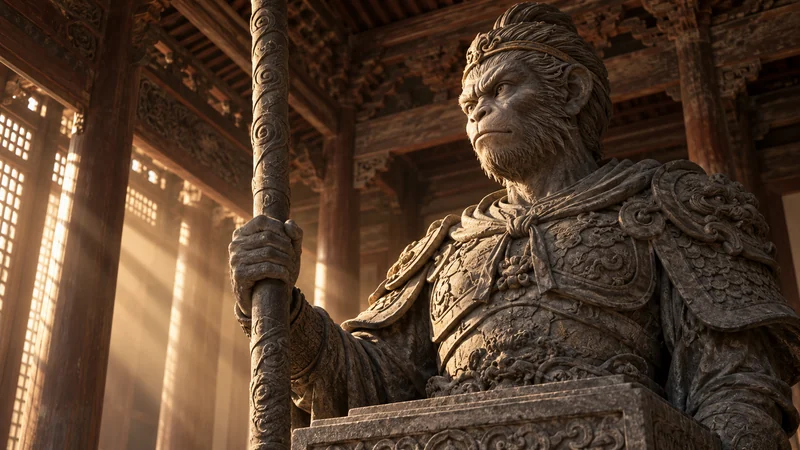 Imagined carved Sun Wukong statue with a staff in a temple-inspired timber hall
