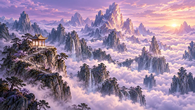 Imagined Kunlun mountain landscape with a distant celestial pavilion above cloud terraces