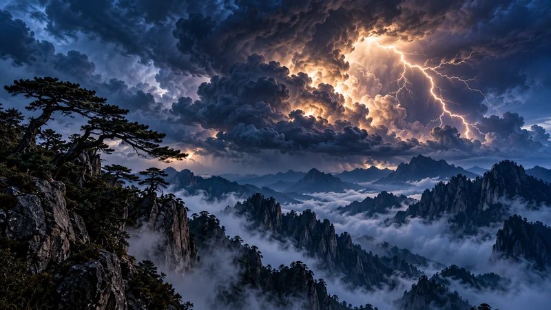 Imagined thunderstorm above a mountain ridge as context for Lei Gong's thunder role