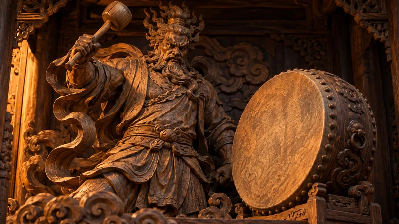 Imagined carved Lei Gong figure holding a mallet beside a thunder drum in a temple-inspired alcove