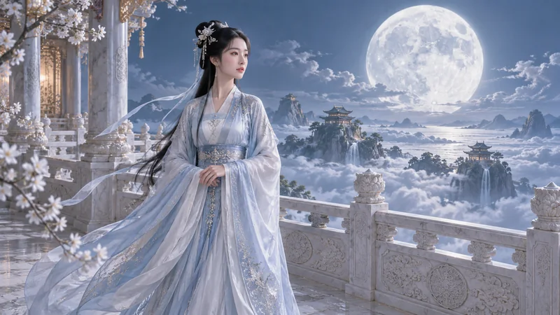 Artistic depiction of Chang'e standing on a moonlit palace terrace in pale blue robes