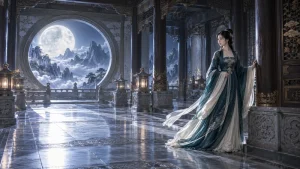 Chang’e beside a carved column in an imagined moon-palace hall