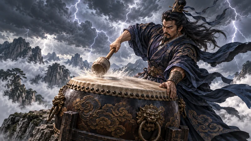 Imagined Lei Gong striking a large thunder drum on a stormy mountain ledge