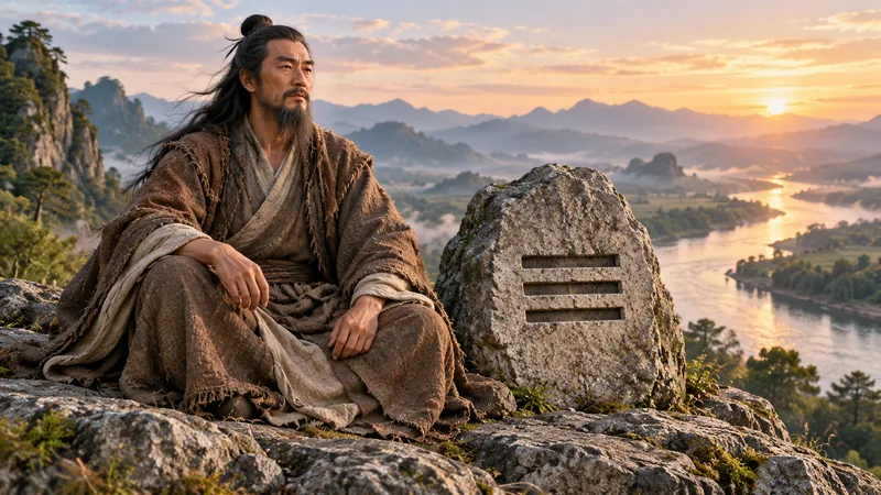 Artistic depiction of Fuxi seated beside a stone marked with a three-line trigram