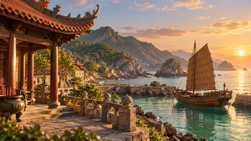 Imagined coastal temple overlooking a harbor with a traditional wooden sailing junk