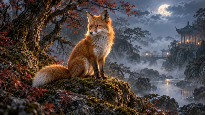 Artistic fox-spirit symbol showing a single-tailed fox in a misty woodland