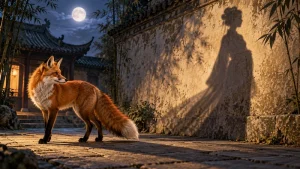 Red fox with a symbolic human-shaped shadow on an imagined courtyard wall
