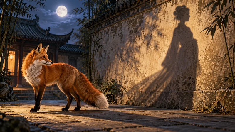 Red fox with a symbolic human-shaped shadow on an imagined courtyard wall