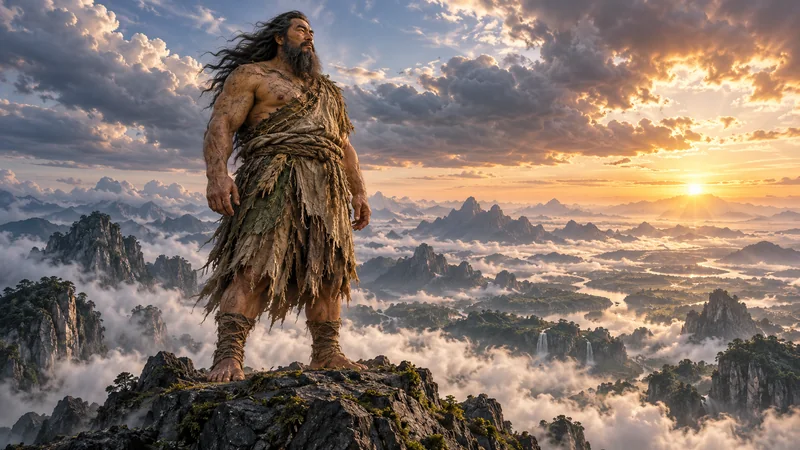 Artistic depiction of Pangu as a primordial giant standing among ancient rock, earth and clouds