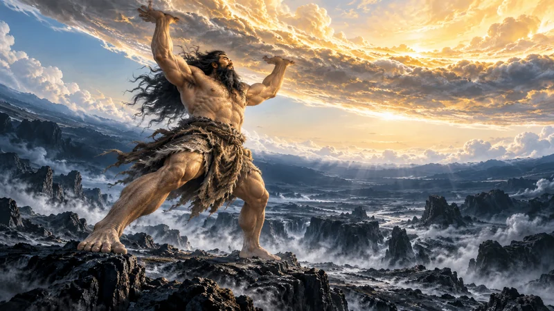 Pangu raising the cloudy sky above dark rocky earth in an imagined creation scene