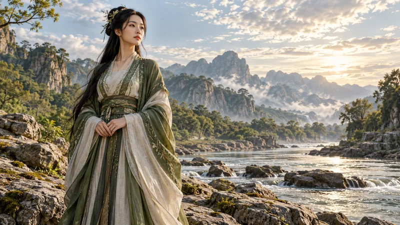 Artistic human-form depiction of Nuwa standing quietly beside an ancient river landscape