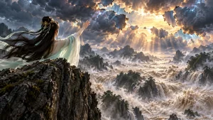 Imagined Nuwa above a flooded valley beneath a fractured stormy sky