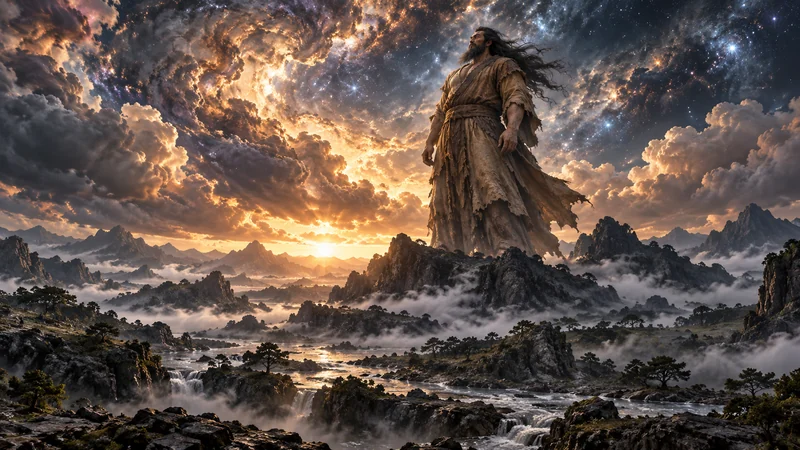 Imagined Pangu standing between misty earth and a vast primordial sky