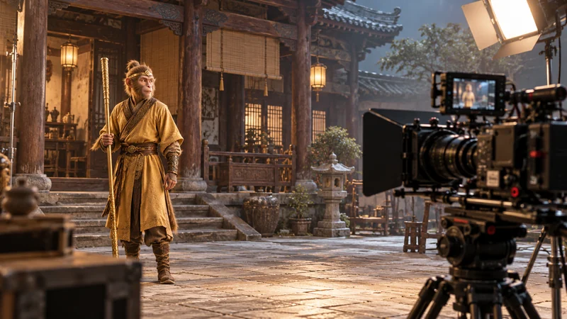 Imagined film set with a Monkey King performer, timber scenery and a cinema camera