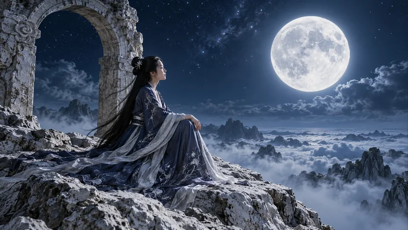 Artistic depiction of Chang'e seated beside a stone arch in an imagined moonlit celestial setting