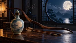 Imagined elixir vessel and wooden bow beside a moonlit window