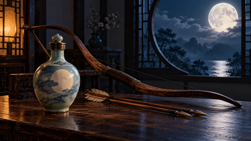 Imagined elixir vessel and wooden bow beside a moonlit window