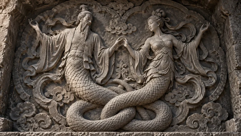 Imagined stone relief of paired Fuxi and Nuwa with intertwined serpentine tails