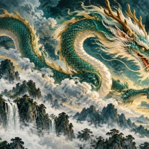Chinese dragon flying through clouds above mountain peaks