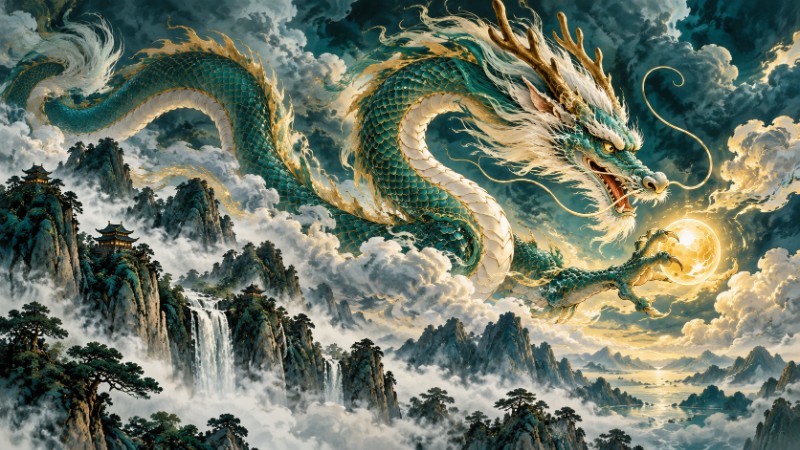 Chinese dragon flying through clouds above mountain peaks