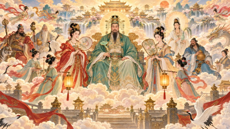 Chinese mythological gods and goddesses in a celestial court