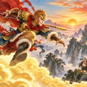 Monkey King leaping across clouds on the Journey to the West