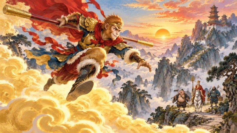 Monkey King crossing the clouds on the Journey to the West