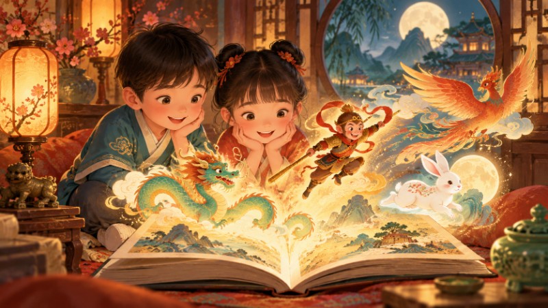 Children reading an illustrated Chinese mythology storybook