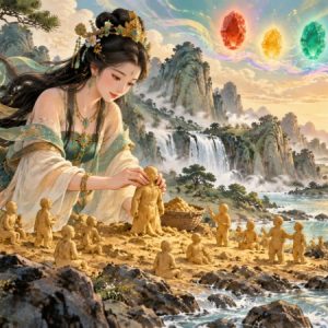 Nuwa creating humanity beside a river under five-colored stones