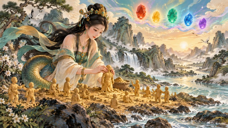 Nuwa creating humanity beside a river under five-colored stones
